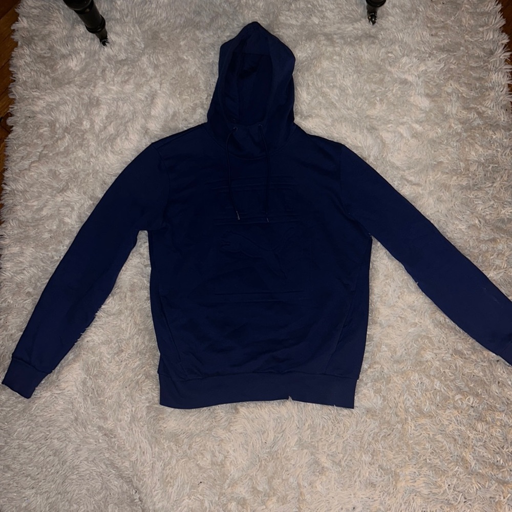 Puma Pullover Hoodie Jacket Men's Medium Blue Big Puma Logo Side Pocket Sweater
